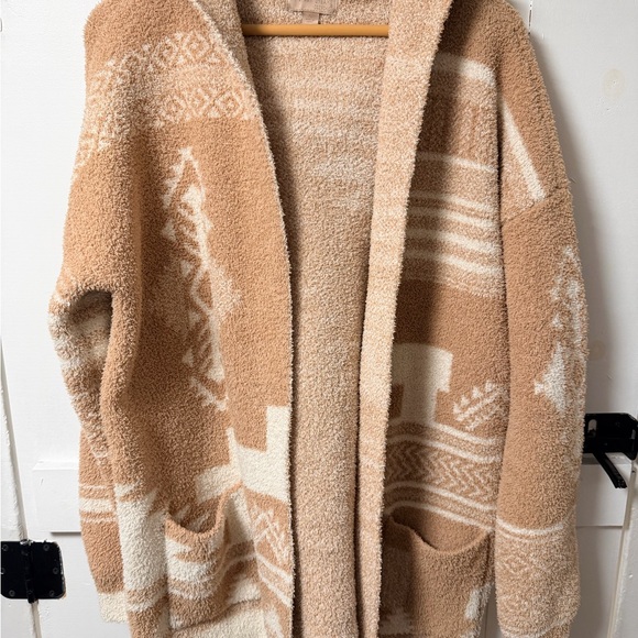 Barefoot Dreams Sweaters - Barefoot Dreams Tan and Cream Hooded Cardigan
